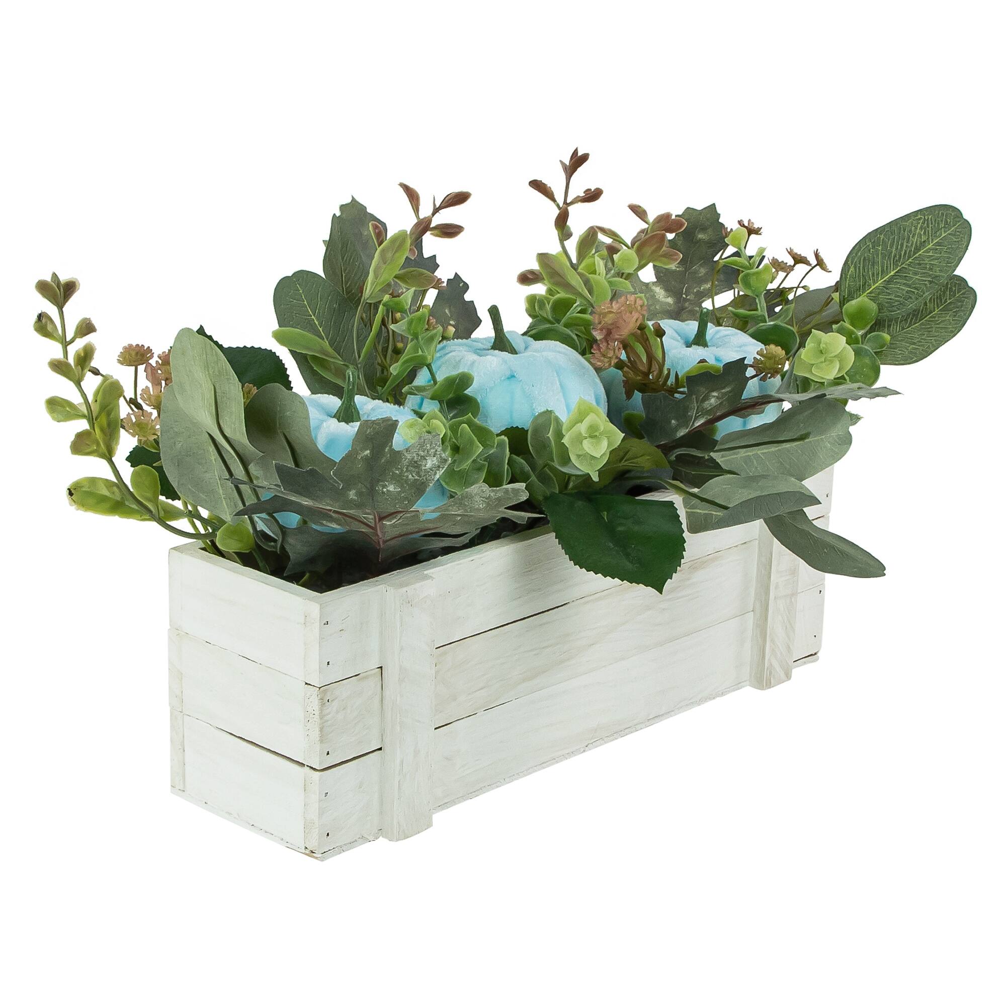 18" White Wooden Box of Foliage & Pumpkins Thanksgiving Decoration